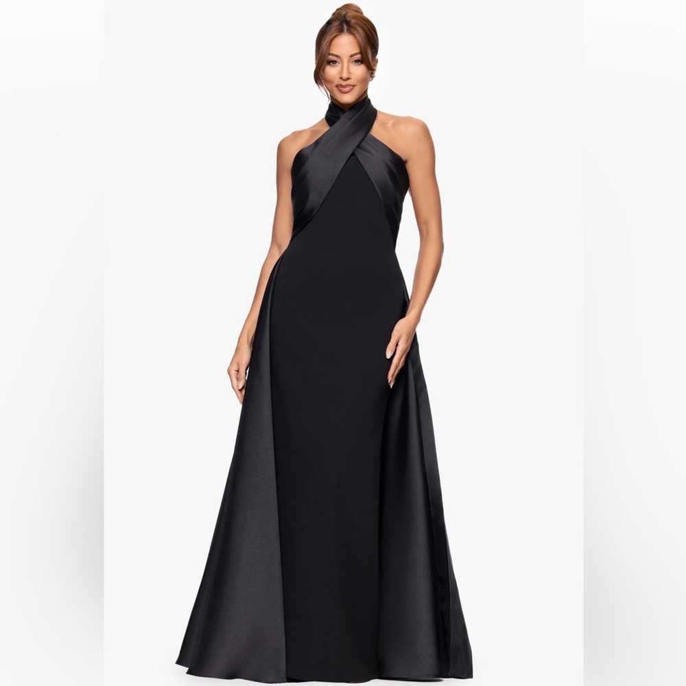 Betsy & Adam Black Cross-Halter Satin-Panel Maxi Gown